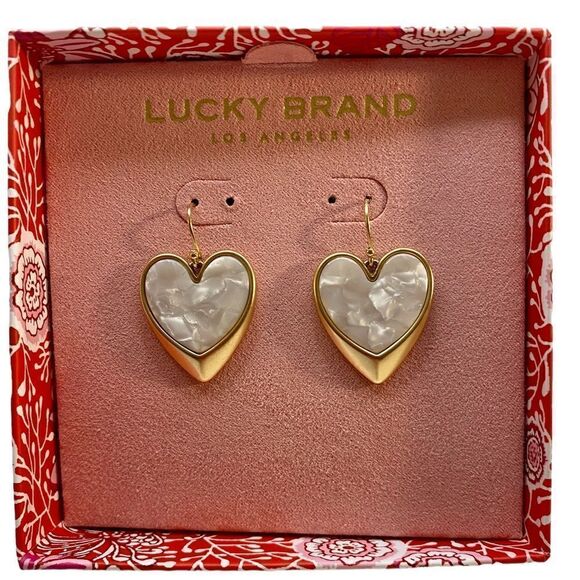 Lucky Brand Drop Heart Earrings w/Pearl Gray Stone Center. Very pretty! - Picture 1 of 6